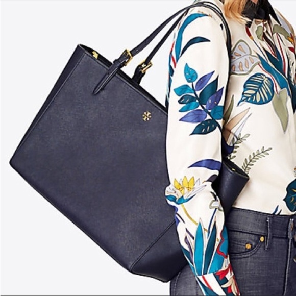 Tory Burch Navy Emerson Large Buckle Shoulder Tote Bag Saffiano